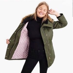 J. Crew $350 Green Perfect Winter Parka Zip Up W/ Fur Hood Women Size S